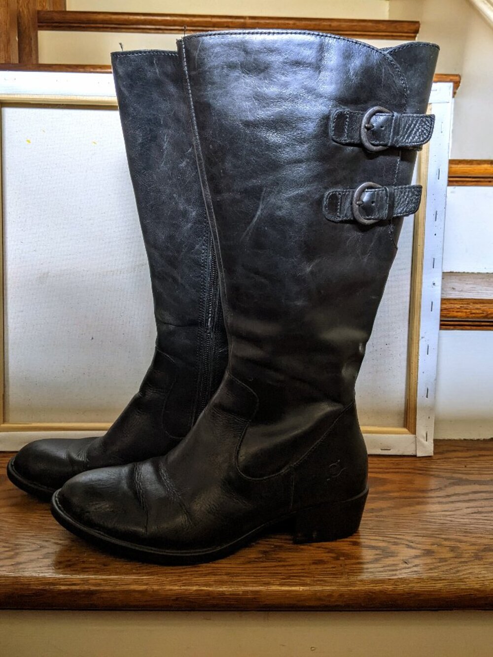 Børn Berry Black Leather Knee-High Riding Boots Size 7.5M D78503